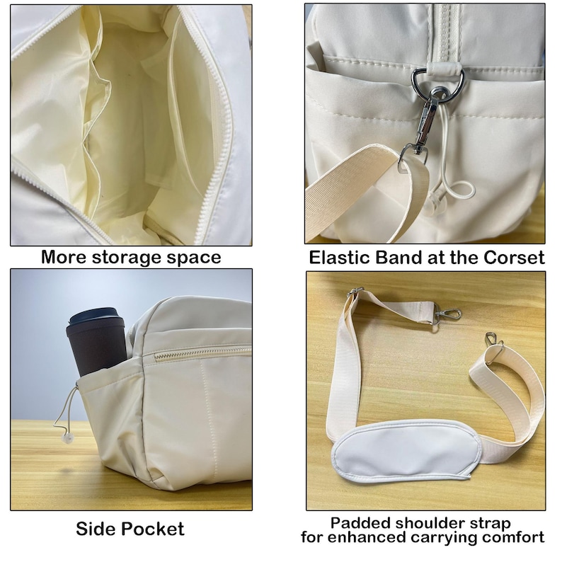 May include: Cream-colored tote bag with multiple compartments, including a side pocket and interior storage. Features a padded shoulder strap for comfort and an elastic band detail. The bag is designed for enhanced carrying.