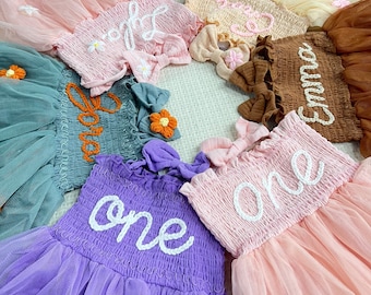 Personalized Baby Name Tutu Dress, Hand Embroidered Romper, Birthday Baby Romper, First Birthday Tutu, 1st Birthday Gift