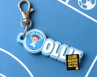 Personalised Sky Blue & White Football Keyring – Custom Manchester Name Keychain Gift for Football Fans, Birthday or Christmas Present