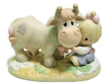 Precious Moments Figurine "Wishing You A Moo-ie Christmas" | Sweet Cow and Little Girl Figurine