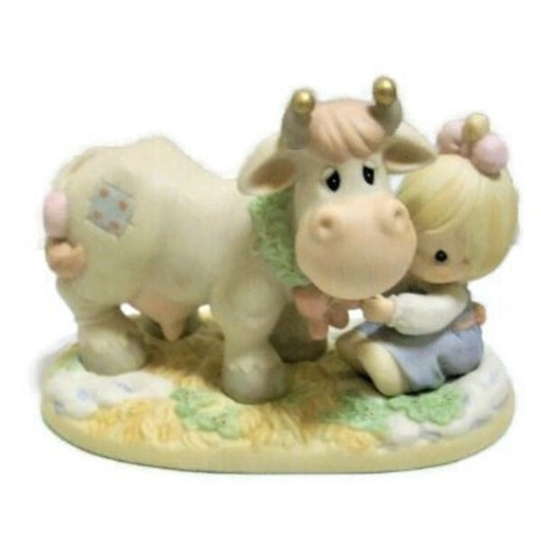 Precious Moments Figurine "Wishing You A Moo-ie Christmas" | Sweet Cow and Little Girl Figurine