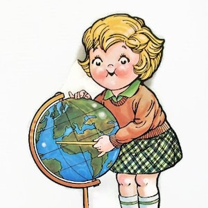 May include: A vintage illustration of a young girl with blonde hair, wearing a green and brown outfit, pointing at a globe. The globe is on a wooden stand, and the girl is smiling.