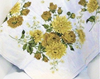 Vintage Floral Tablecloth | Mid Century Style Cotton Tablecloth | Yellow And Gold Flowered Tablecloth