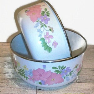 Vintage Enameled Metal Nesting Bowls | Set of Two Floral Design Enamel Mixing Bowls