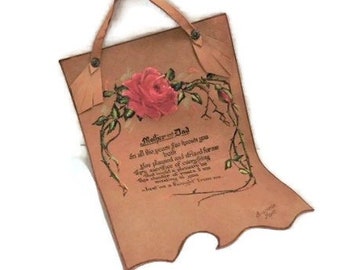 Vintage Leather Souvenir Wall Hanging | Painted Red Rose on Leather with Poem for Mom and Dad | Souvenir of Anaconda Montana