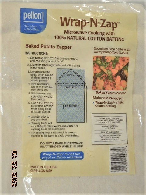 Wrap-n-zap Cotton Batting Pellon 100% Natural Cotton Batting Microwave Safe  for Cooking Creations 
