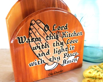 Souvenir wood napkin holder with prayer | religious theme praying hands motif