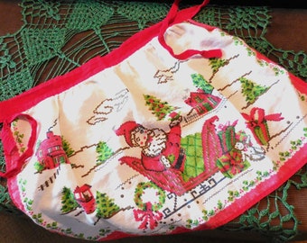 Vintage Santa Design Waist Apron | Santa in Sleigh With Village and Trees