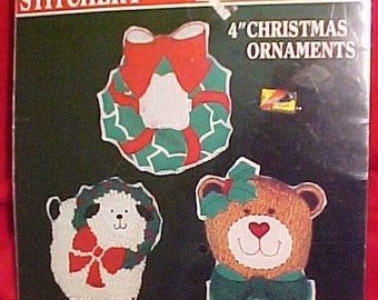 Christmas Ornament Stitchery Kit | Vintage  Lamb Bear Wreath Ornaments | Embroidery Crewel Kit