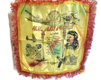 Vintage Military Souvenir Pillow Cover |  Fringed Satin U.S. Air Force Pillow Cover | Mother Poem on Souvenir Pillow Cover