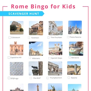 Een leuke, afdrukbare Rome 'bingo'-speurtocht voor kinderen (met feitenkaarten)