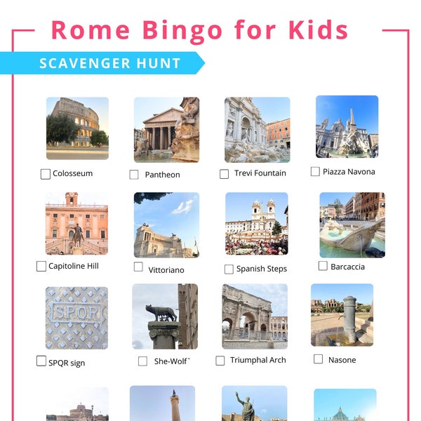 A fun, printable Rome 'bingo' scavenger hunt for kids (with fact cards)