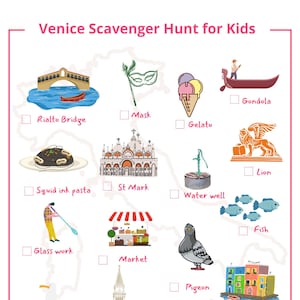 Juego de bingo/búsqueda del tesoro de Venecia imprimible para niños (con tarjetas informativas)