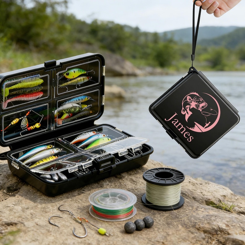 May include: Black fishing tackle box with various lures, hooks, and weights. A small black case with a pink fish graphic and the name "James" is held by a black strap. Fishing line and a spool are also visible.