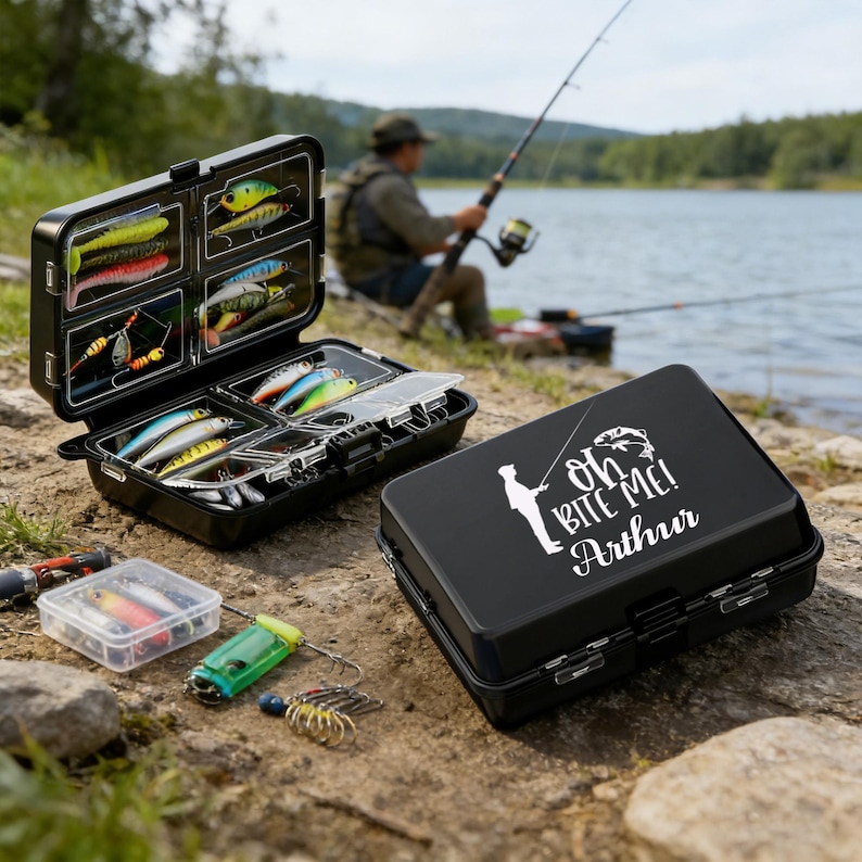 May include: Black fishing tackle box with multiple compartments, filled with colorful lures. A second black box is closed, with the text "Oh Bite Me! Arthur" in white. Various fishing accessories are scattered nearby.