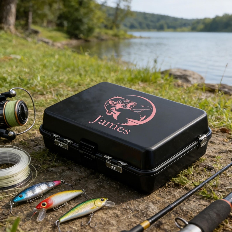 May include: A black fishing tackle box with the name "James" in pink script, and a pink fish graphic. The box is open, with fishing lures, a fishing rod, and a fishing reel visible. The scene is outdoors near a lake.