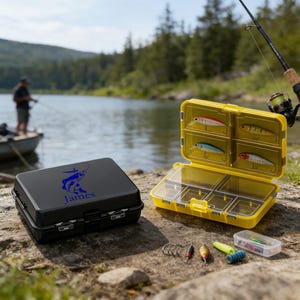 May include: Black and yellow fishing tackle boxes with fishing lures and hooks. The black box has a blue graphic of a fish and the name "James". A fishing rod is in the background near a lake.