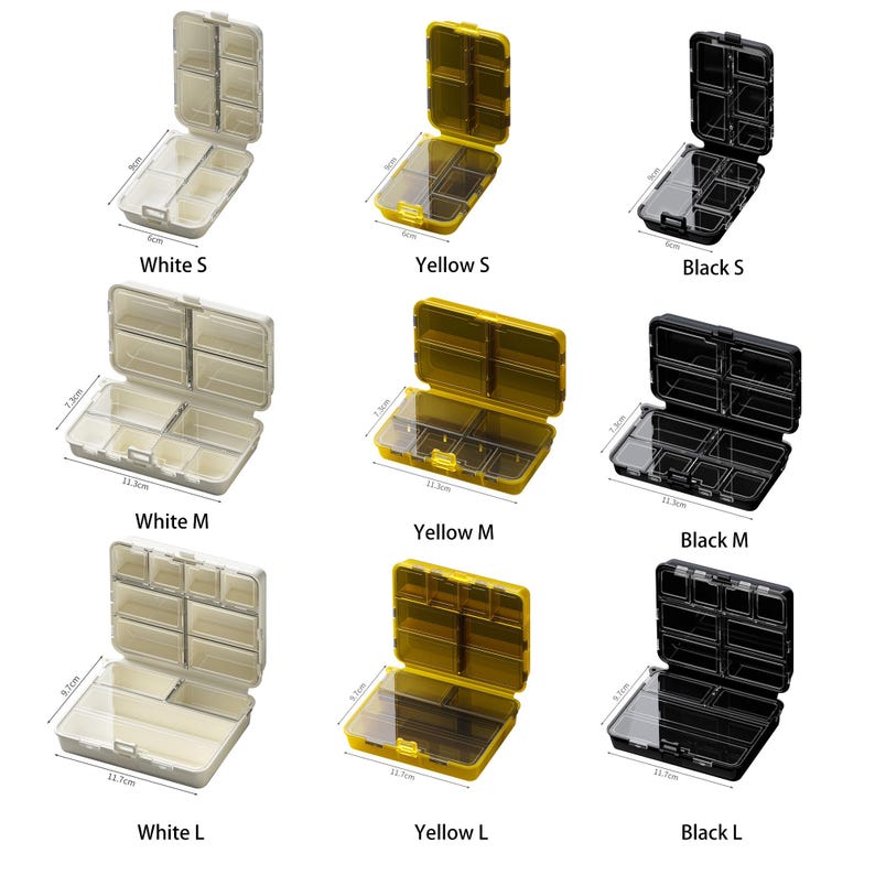 May include: A collection of small, rectangular pill organizers in white, yellow, and black. Each organizer has multiple compartments and a clear lid. Sizes include S, M, and L, with dimensions in centimeters.