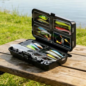 May include: A black fishing tackle box with multiple compartments, filled with various colorful lures and hooks. The box is open, revealing the contents, and sits on a wooden surface with a blurred background of grass and water.