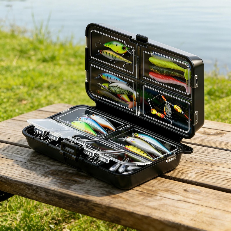 May include: A black fishing tackle box with multiple compartments, filled with various colorful lures and hooks. The box is open, revealing the contents, and sits on a wooden surface with a blurred background of grass and water.
