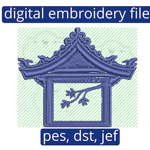 Chic Chinoiserie Pagoda Branch Machine Embroidery Design