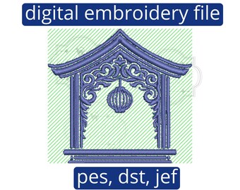 Chic Chinoiserie Pagoda with hanging Lantern Satin Stitch Machine Embroidery Design