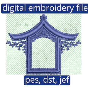 Chic Chinoiserie Pagoda with Branches Satin Stitch Machine Embroidery Design