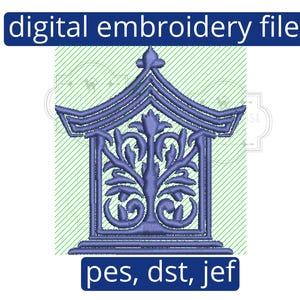 Elegant Chinoiserie Pagoda with Filigree Lantern Satin Stitch Machine Embroidery Design 4x4