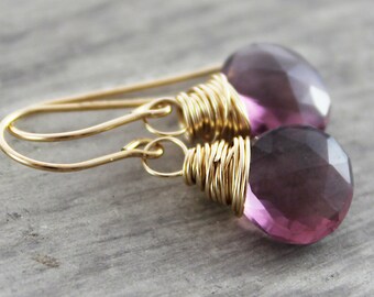 Purple Gemstone Earrings, Gold Fill Earrings, Dark Purple Quartz Earrings, Gemstone Earrings, Wire Wrap Earrings, Dangle Earrings