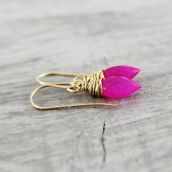 Hot Pink Earrings, Chalcedony Gemstone Earrings, Gold Fill Earrings, Bright Pink Earrings, Neon Pink Earrings, Wire Wrap Earrings, Dangle