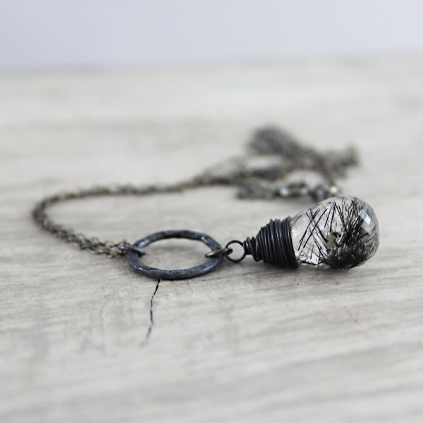 Black and White Necklace, Rutilated Quartz Necklace, Gemstone Necklace, Pendant, Circle, Oxidized Sterling Silver, Wire Wrap Necklace