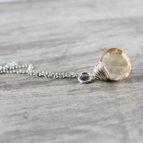 Apricot Gemstone Necklace, Sterling Silver Necklace, Light Orange Necklace, Pendant Necklace, Wire Wrap Necklace, Drop Necklace