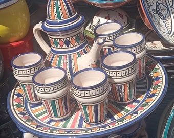Teiera,fatto a mano,ceramica,100% tradizionale,con 6 tazze vassoio,ceramica fatta a mano,decorazione della casa,tocco arabo