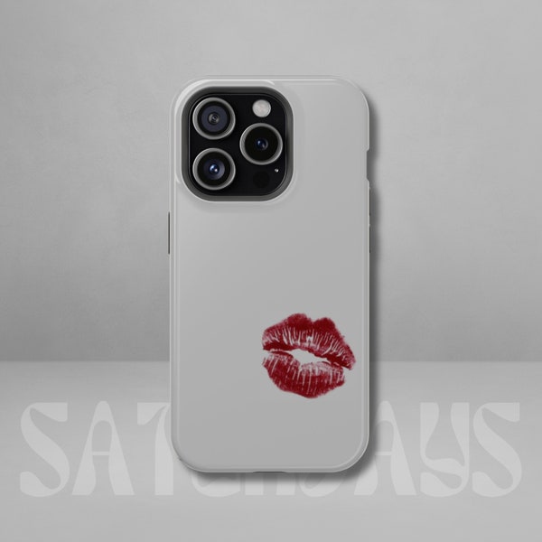 KISSES Phone Case Grey Red Lips Lipstick Love Popular Hot Girly Cute Aesthetic Trendy iPhone 15 14 13 12 11 Pro Max Samsung S22 Plus Ultra