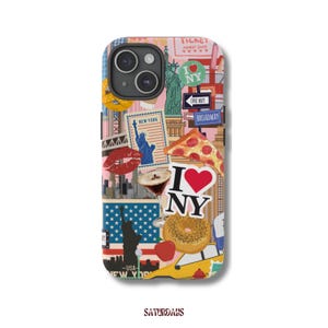 New York City Cartoon Collage Phone Case, NYC Phone Case, Travel Aesthetic Phone Case iPhone 16 15 14 13 Pro Samsung Galaxy Google Pixel