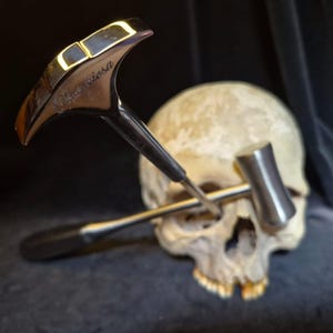 以下が含まれることがあります： 「Furiosa」と刻印されたT字型の頭部を持つ磨かれた銀色の金属製ツールと、もう一つの小さな円筒形の金属製ハンマーが、歯と眼窩が見えるリアルな人間の頭蓋骨の前に配置されています。