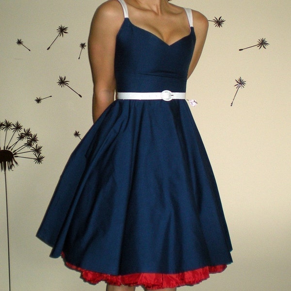 Custom Party dress with invisible zipper in all NAVY, boning, padded cups and 2 belts.