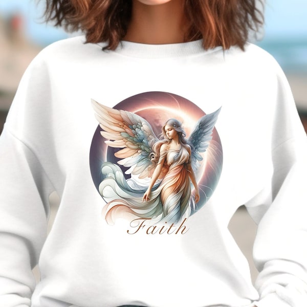 Faith Angel Sweatshirt |  Womens Crewneck, Faith Sweatshirt, White Pullover, Angelic Design Top, Angel Graphic, Spiritual Apparel Pretty Top