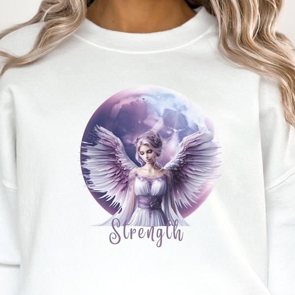 Strength Angel Sweatshirt | Womens Crewneck Sweatshirt, White Pullover, Angelic Design Top, Angel Graphic, Spiritual Apparel, Pretty Top