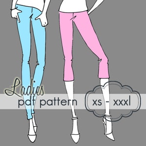 May include: Illustration of two pairs of pants in light blue and pink. The text "Ladies pdf pattern" is displayed in cursive, with "xs - xxxl" in a cloud-shaped box. The pants are shown with high heels.