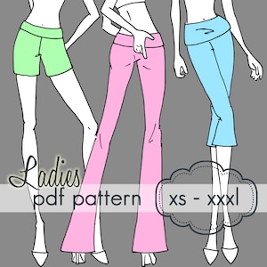 May include: Illustration of three pairs of women's bottoms in different styles and colors: green shorts, pink flared pants, and blue capri pants. The text "Ladies pdf pattern" and "xs - xxxl" are also present.