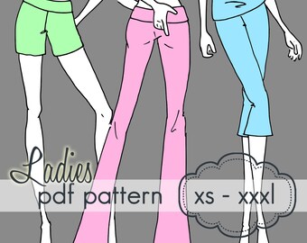 Ladies Yoga Pants, Capris and Shorts - INSTANT DOWNLOAD - xs through xxxl, 3 length options - pdf sewing pattern