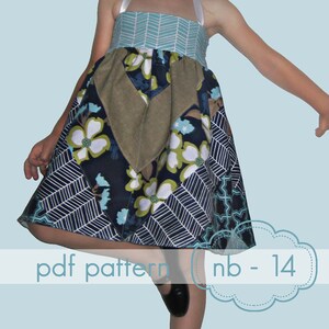 May include: A patchwork dress with a blue and white chevron bodice and a skirt featuring floral and geometric patterns. The dress has a brown accent and white straps. The text "pdf pattern nb - 14" is visible at the bottom.