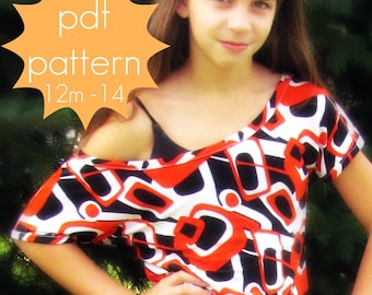 Trendy Tee - INSTANT download - off the shoulder - PDF Sewing Pattern -12m - 14 and doll/preemie