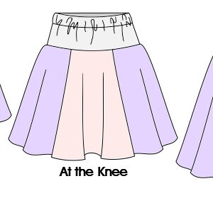 May include: Three illustrations of a skirt with a white waistband and a pink and purple color block design. The skirts are shown at three different lengths: above the knee, at the knee, and below the knee. The text "Above the Knee", "At the Knee", and "Below the Knee" is written below each skirt.