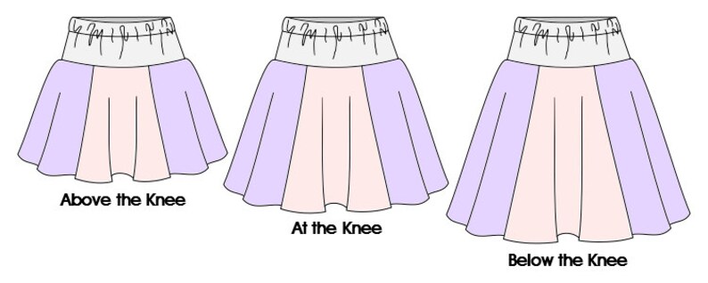 May include: Three illustrations of a skirt with a white waistband and a pink and purple color block design. The skirts are shown at three different lengths: above the knee, at the knee, and below the knee. The text "Above the Knee", "At the Knee", and "Below the Knee" is written below each skirt.