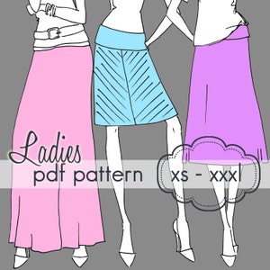 Könnte beinhalten: Illustration von drei Röcken in Rosa, Hellblau und Lila. Die Röcke sind auf weißem Hintergrund mit dem Text "Ladies pdf pattern" und "xs - xxxl" dargestellt.