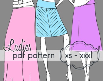 Ladies Yoga A-Line Skirt - INSTANT DOWNLOAD - xs through xxxl, 9 length options knee through maxi - pdf sewing pattern