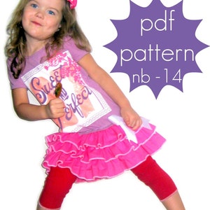 May include: A girl in a pink outfit, holding a lollipop. The outfit includes a purple t-shirt with the words "Sweet & Perfect", a pink ruffled skirt, and red leggings. A purple starburst graphic with "pdf pattern nb-14" is in the background.