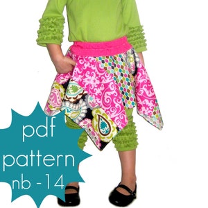 May include: PDF pattern for a skirt with a pink waistband and a colorful patchwork design. The skirt is asymmetrical and has a long, flowing tail. The pattern is available in sizes newborn to 14.